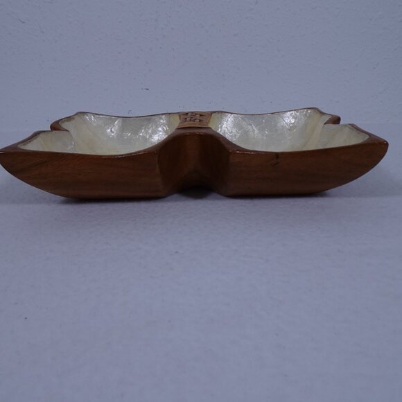 Vintage Wood Bowl Capiz Shell Lined Divided with Handle Butterfly Shape Trinket - Picture 5 of 8